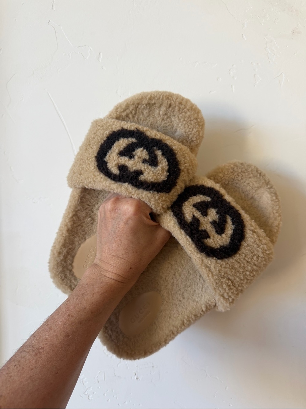 Gucci Beige Shearling Slides with Black interlocking G Logo